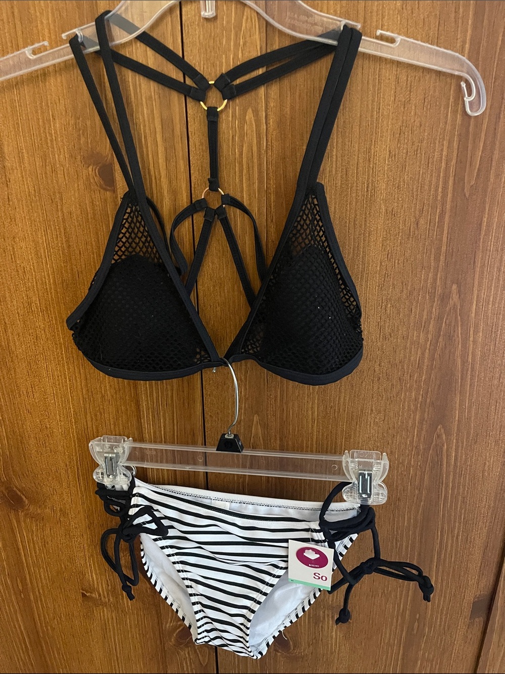 Black Mesh Strappy Bikini Top with Black & White Stripe Tie-Side Bottoms